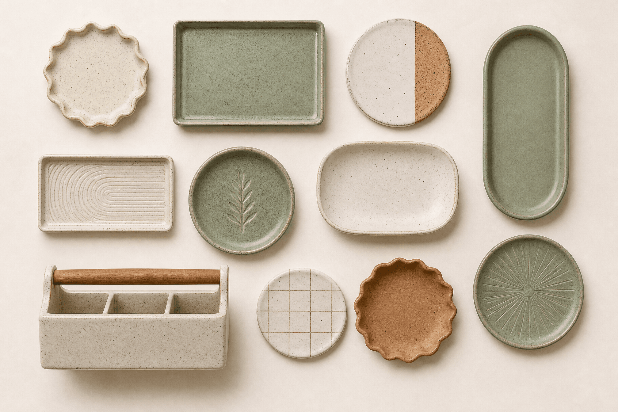 Overhead sample board of ceramic drink-corner pieces spaced apart on warm off-white