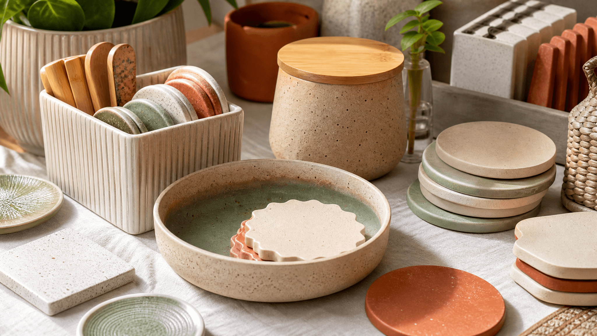 A studio sample table of ceramic coasters, trays, a caddy and a bamboo-lidded jar in cream, clay and sage