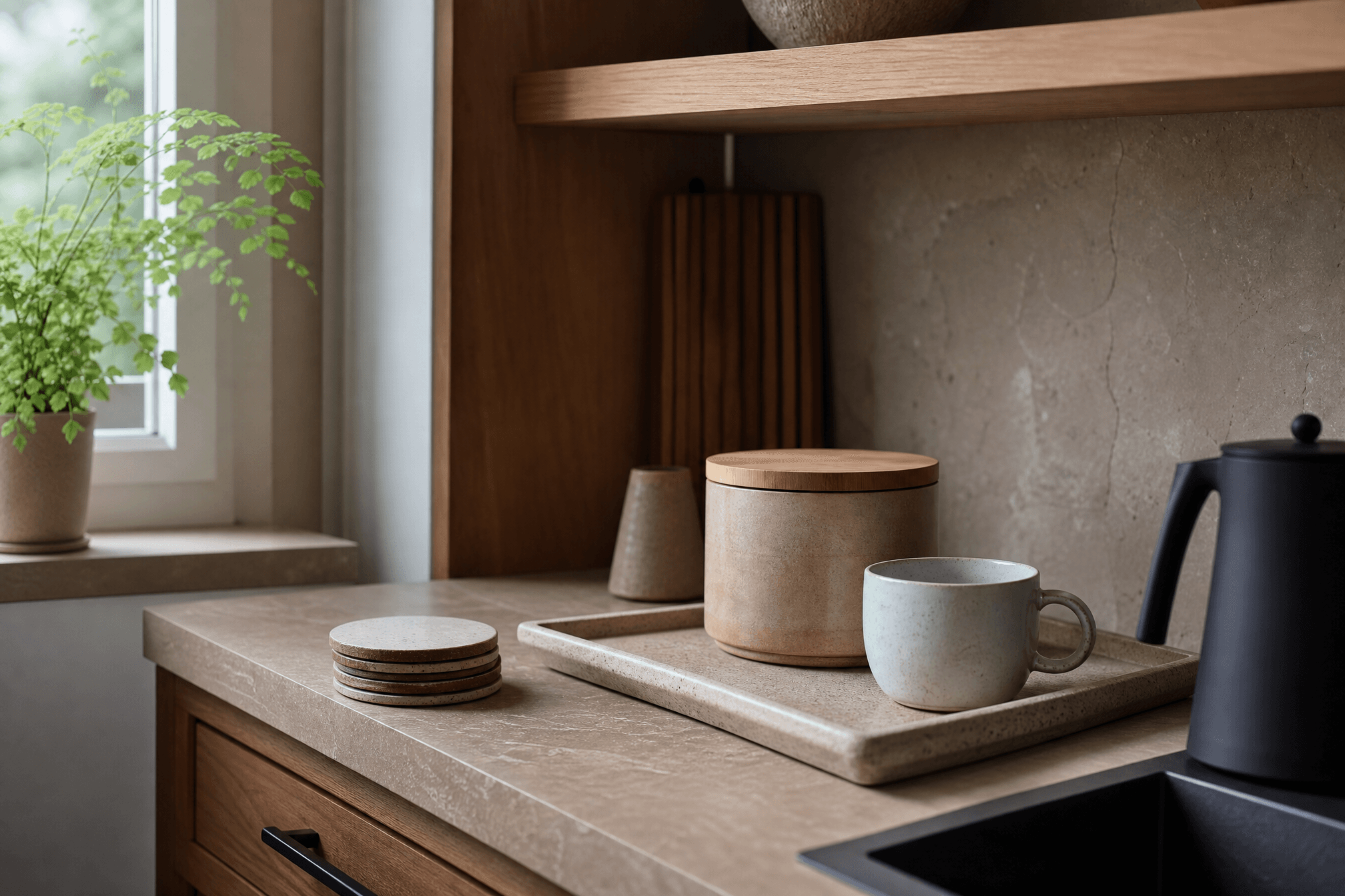 A tidy kitchen drink corner with ceramic coasters, a tray, a jar and an empty mug in natural light