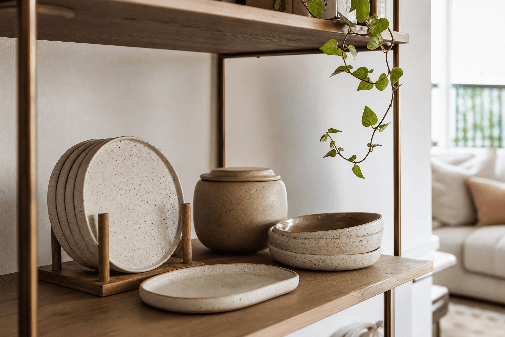An open shelf styled with ceramic coasters, a tray, nesting dishes and a jar